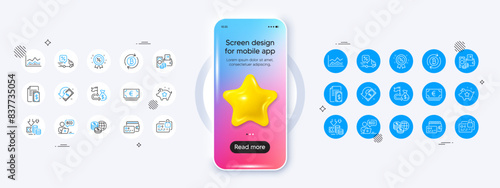 Refresh bitcoin, Loyalty points and Change money line icons. Phone mockup with 3d star icon. Pack of Deflation, Trade infochart, Online auction icon. Vector