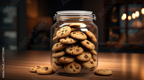 large glass jar of chocolate chip cookies on a shelf