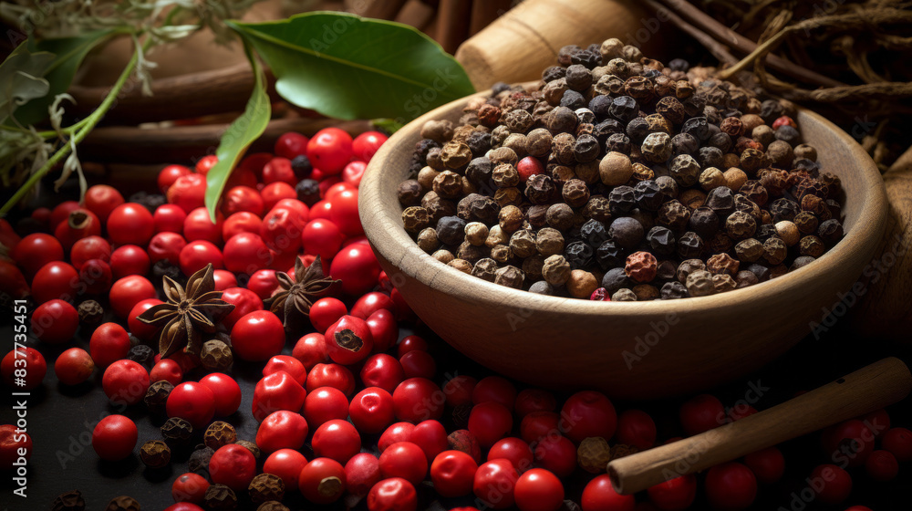 dried and fresh red and black peppercorns in a wooden bowl surrounded by other spices dried and fresh red and black peppercorns in a wooden bowl surrounded by other spices