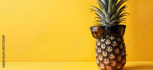 Summer banner concept. Pineapple wearing sunglasses - summer background with copy space