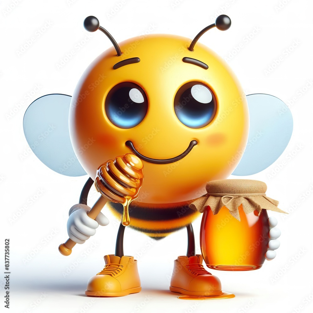 a 3D Honeybee happy emoji holding honey jar on a white background a 3D Honeybee happy emoji holding honey jar on a white background