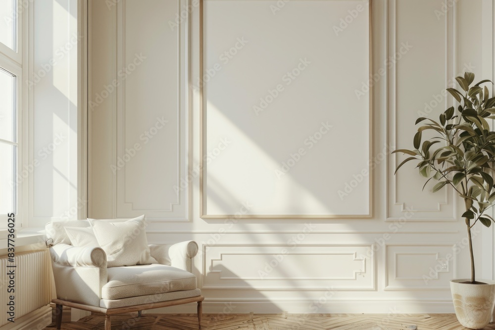 Close-up layout of poster frame in empty interior, 3d visualization, Ivory background Close-up layout of poster frame in empty interior, 3d visualization, Ivory background