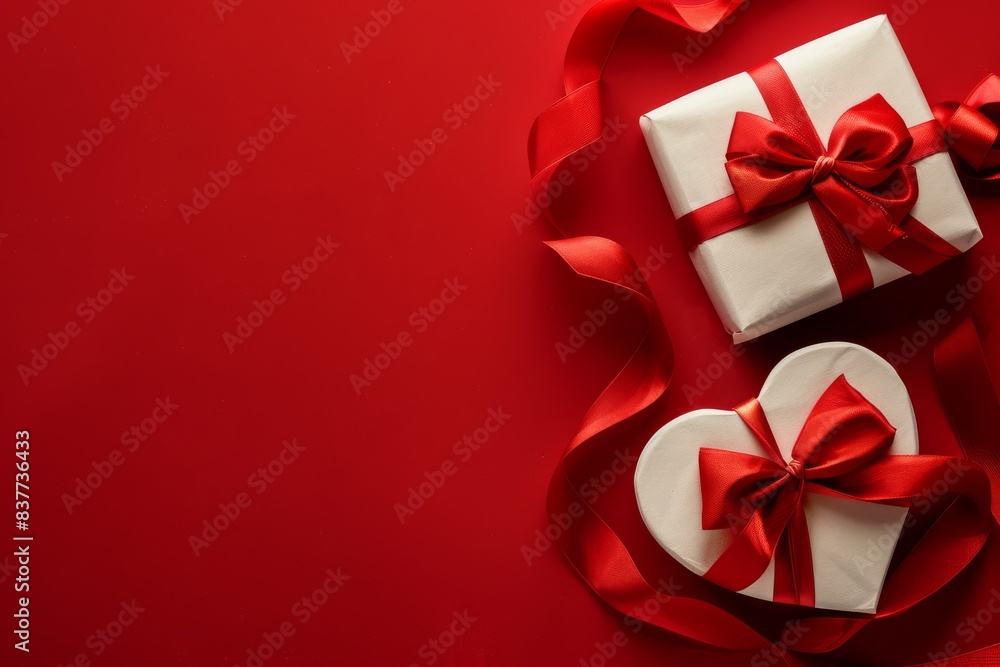 Two wrapped gift boxes in heart shape with red bow ribbon on red background top view flat lay, presents for celebration Saint Valentine day, love and relationship concept Two wrapped gift boxes in heart shape with red bow ribbon on red background top view flat lay, presents for celebration Saint Valentine day, love and relationship concept