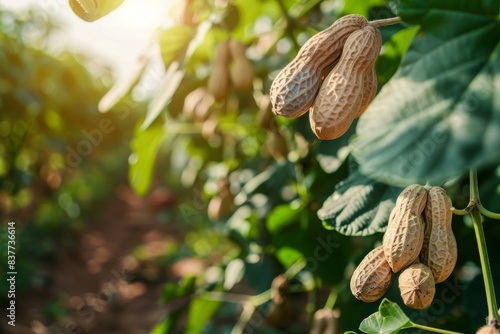Close-up of peanuts growing in a field with sunlight. Agricultural concept showing peanut crop and green leaves in focus.