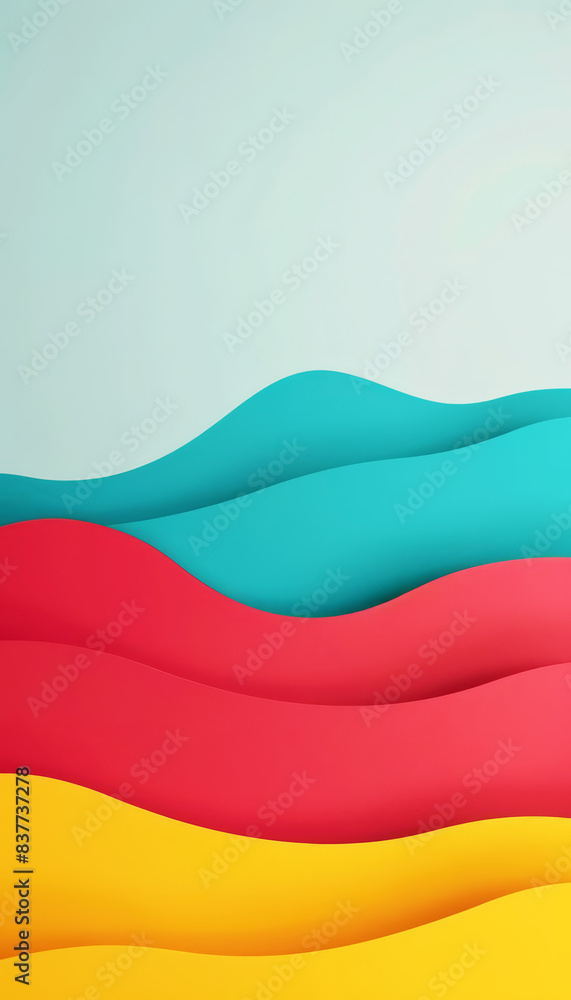 Abstract background with wavy layers in red, yellow, and teal creating a dynamic, colourful design. Abstract background with wavy layers in red, yellow, and teal creating a dynamic, colourful design.