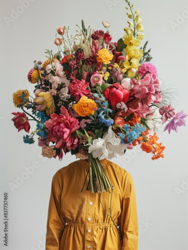 A woman in vivid clothes with a bouquet of multi-colored flowers instead of a head in fashion editorial style