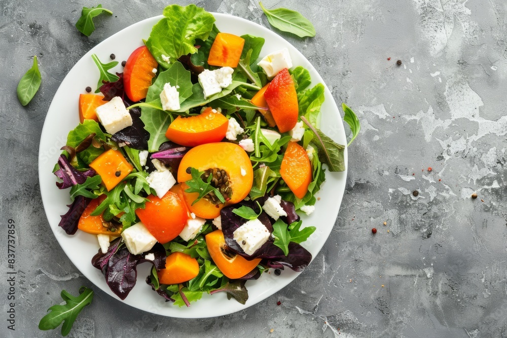 Top view flat lay persimmon salad with brie cheese and fresh salad leaves on white plate and stone gray background, seasonal fruit salad as appetizer, vegetarian healthy food Top view flat lay persimmon salad with brie cheese and fresh salad leaves on white plate and stone gray background, seasonal fruit salad as appetizer, vegetarian healthy food
