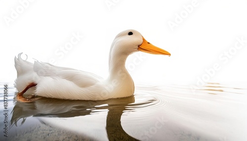 White Pekin duck - Anas platyrhynchos domesticus - is an American breed of domestic duck originally from China, raised primarily for meat. Swimming in water, Isolated on white background photo
