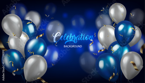 blue and white color glowing balloons flying the dark blue background,vector illustration celebration concept banner, birthday and anniversary and others celebration concept backdrop element.