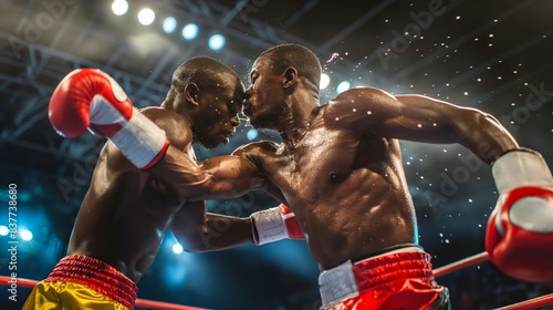 Intense moment showing two boxers exchanging punches in a professional boxing ring under bright lights © road to millionaire