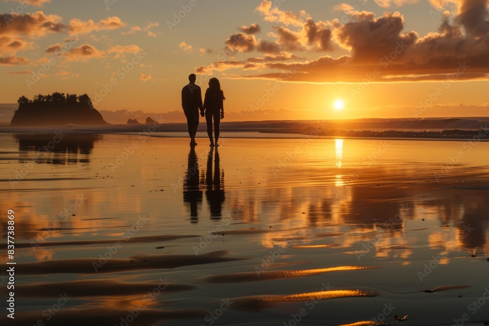 Fototapeta premium Silhouette of couple on the beach at sunset