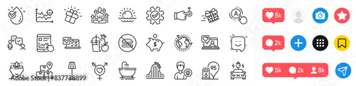 Seo analysis, Piggy bank and Delivery service line icons pack. Social media icons. No burger, Floor lamp, Service web icon. Petrol station, Bath, Internet report pictogram. Vector