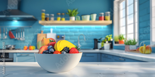 Nutritious Fruit Bowl with Granola in a Bright Home Kitchen, Contemporary Home Kitchen