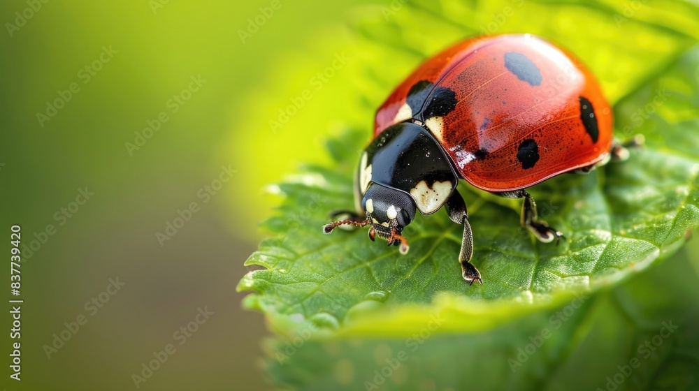 Closeup of a ladybug sitting on a green leaf. Closeup of a ladybug sitting on a green leaf.