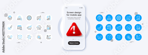 Solar panel, Filling station and Lighthouse line icons. Phone mockup with 3d danger icon. Pack of Innovation, Documentation, Inspect icon. Vector
