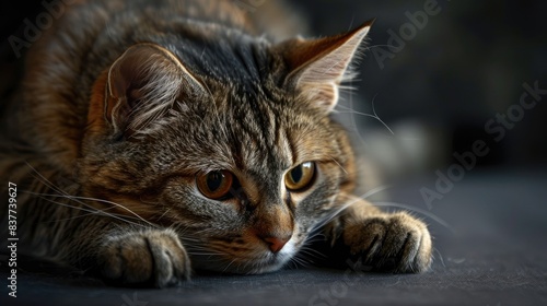 A forlorn feline rests its head on its paws, eyes reflecting melancholy.