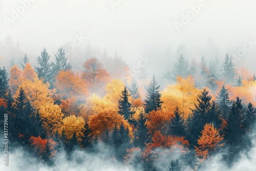 Forest scenic viewpoint, autumn foliage, misty morning close up, focus on, copy space Double exposure silhouette with vibrant trees