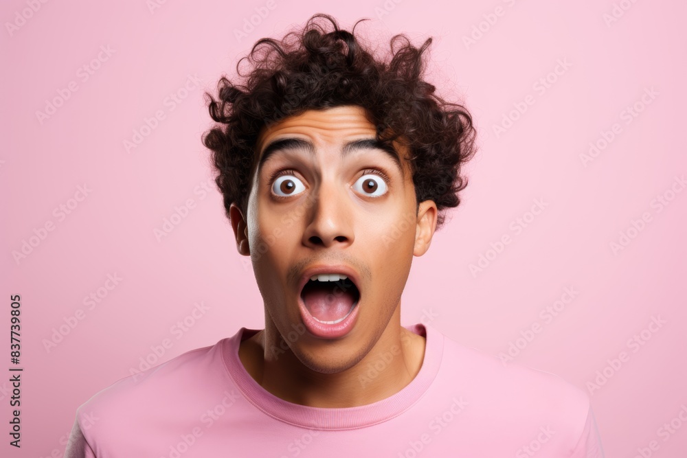 Man, aged 20-25, of Hispanic descent, expressing astonishment on a soft pink background Man, aged 20-25, of Hispanic descent, expressing astonishment on a soft pink background