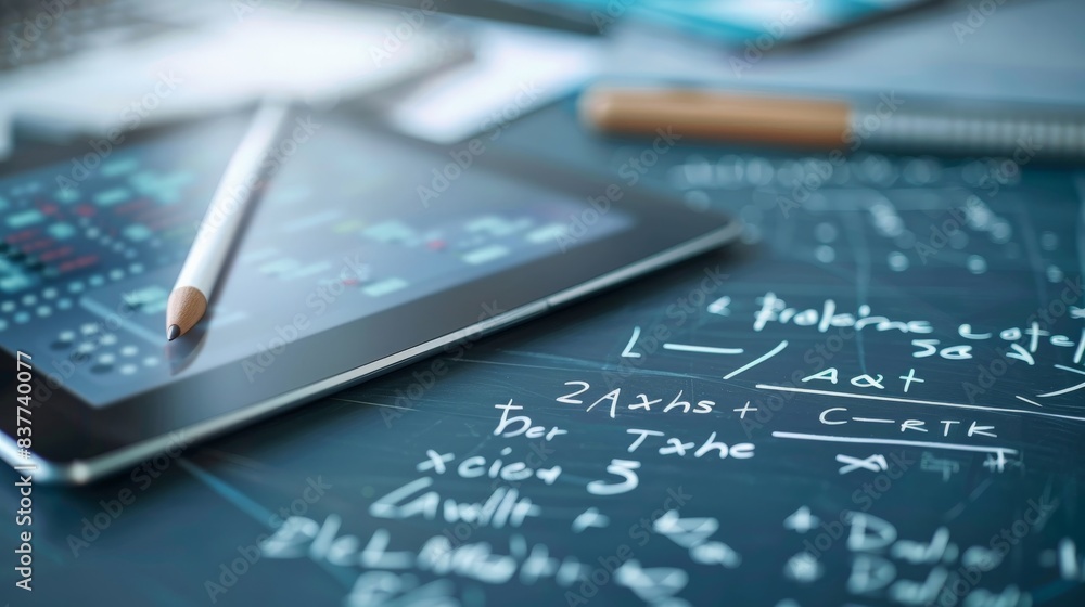 A digital tablet featuring an interactive algebraic equation on the screen, with a stylus placed beside it, highlighting modern educational tools. A digital tablet featuring an interactive algebraic equation on the screen, with a stylus placed beside it, highlighting modern educational tools.