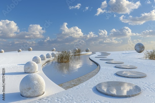 Abstract landscape featuring spherical sculptures, smooth stepping stones, and serene water reflections on a snowy terrain under a bright blue sky. photo