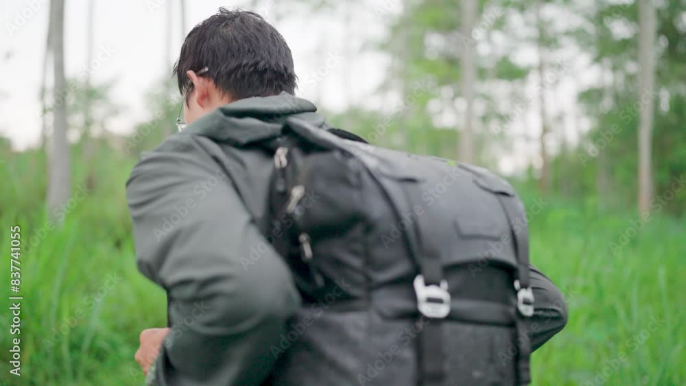 Back view: Male hiker with backpack walking along a path in a mountain forest in the rainy season. Tourist climbers are hiking, enjoying nature. Backpacking concept. Hiking. Mountain trekking Back view: Male hiker with backpack walking along a path in a mountain forest in the rainy season. Tourist climbers are hiking, enjoying nature. Backpacking concept. Hiking. Mountain trekking
