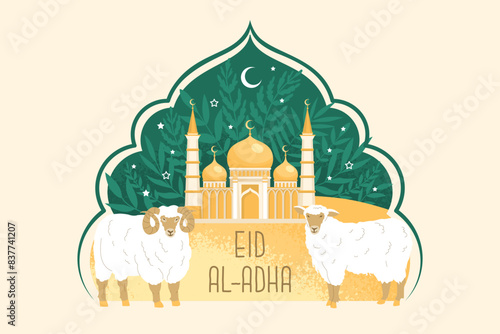 Vector greeting banner for the holy Muslim holiday. Feast of Sacrifice. Prophet Ibrahim to sacrifice his son as an act of obedience and submission to God’s command. Congratulations background.