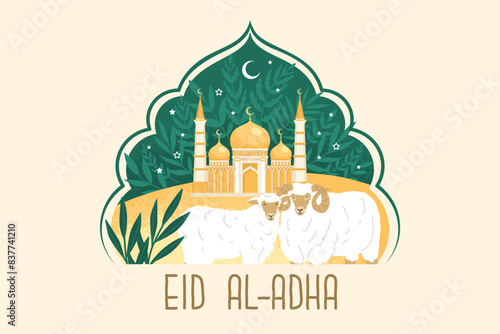 Vector greeting banner for the holy Muslim holiday. Feast of Sacrifice. Prophet Ibrahim to sacrifice his son as an act of obedience and submission to God’s command. Congratulations background.