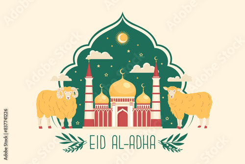Vector greeting banner for the holy Muslim holiday. Feast of Sacrifice. Prophet Ibrahim to sacrifice his son as an act of obedience and submission to God’s command. Congratulations background.