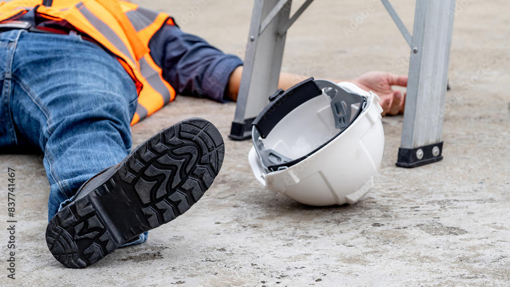 © Summer Paradive - Accident and injury on a construction site. Safety first concept. Male worker lying down unconscious on the floor with safety helmet after falling from ladder. Fainting from exhaustion or heat stroke © Summer Paradive - Accident and injury on a construction site. Safety first concept. Male worker lying down unconscious on the floor with safety helmet after falling from ladder. Fainting from exhaustion or heat stroke