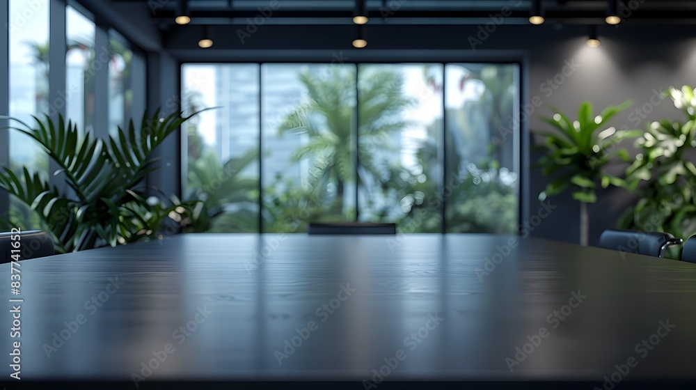 Fototapeta premium Sleek Black Table with Modern Office Background for Professional Tech Products