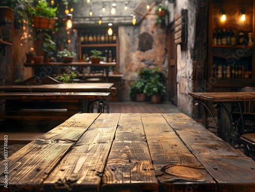 Charming Rustic Cafe Style Vintage Wood Table for Artisanal Food Product Display Concept with Copy Space