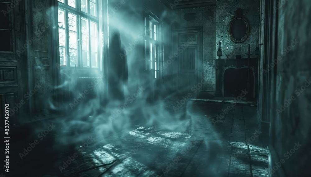 Haunted house, spooky decor, eerie lighting close up, focus on, copy space, dark and mysterious, Double exposure silhouette with ghosts Haunted house, spooky decor, eerie lighting close up, focus on, copy space, dark and mysterious, Double exposure silhouette with ghosts