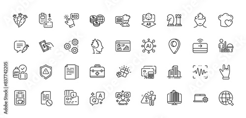 Carrots, First aid and Gift line icons pack. AI, Question and Answer, Map pin icons. Pos terminal, Buildings, Gears web icon. Social media, Voice wave, Internet pictogram. Vector