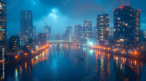 Illuminated Skyline and Riverside at Dusk Stunning City Scenery with Tall Buildings and River Reflection
