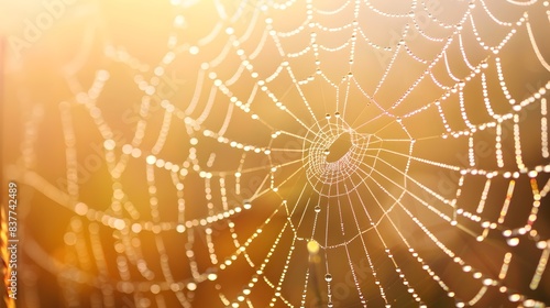 Dewy Spider Web Glistening in Early Morning Sunlight