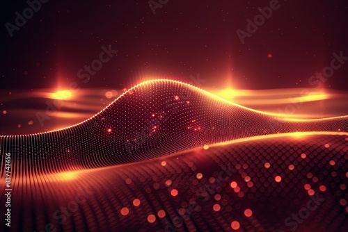 A mesmerizing abstract wave of glowing orange and red particles creating a digital landscape in a dark  futuristic environment.