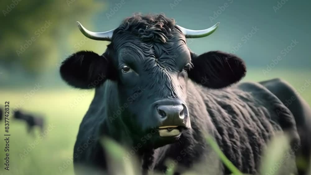 Domestic cow in pasture in green field nature landscape -- 4k new stock video footage animation design AI Domestic cow in pasture in green field nature landscape -- 4k new stock video footage animation design AI
