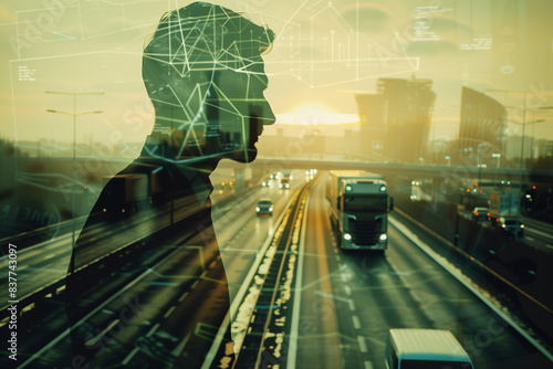 The combination of a businessman using a futuristic interface and a truck on a highway in a double exposure photo illustrates the seamless integration of global data networks and t
