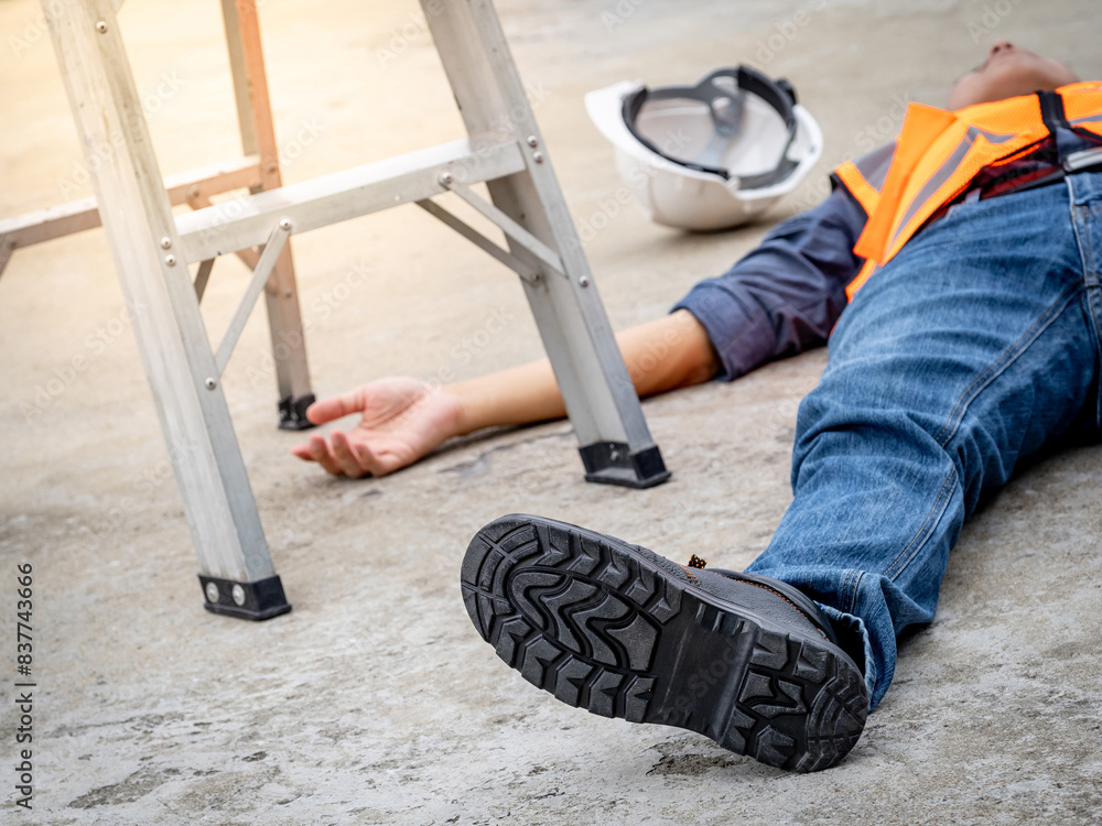Accident and injury on a construction site. Safety first concept. Male worker lying down unconscious on the floor with safety helmet after falling from ladder. Fainting from exhaustion or heat stroke Accident and injury on a construction site. Safety first concept. Male worker lying down unconscious on the floor with safety helmet after falling from ladder. Fainting from exhaustion or heat stroke