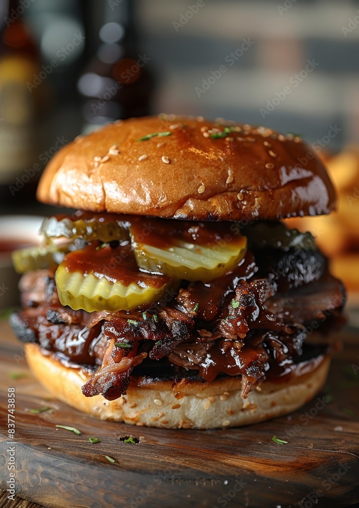 Pulled Pork Sandwich - Pulled pork in a soft bun with BBQ sauce and pickles. Pulled Pork Sandwich - Pulled pork in a soft bun with BBQ sauce and pickles.