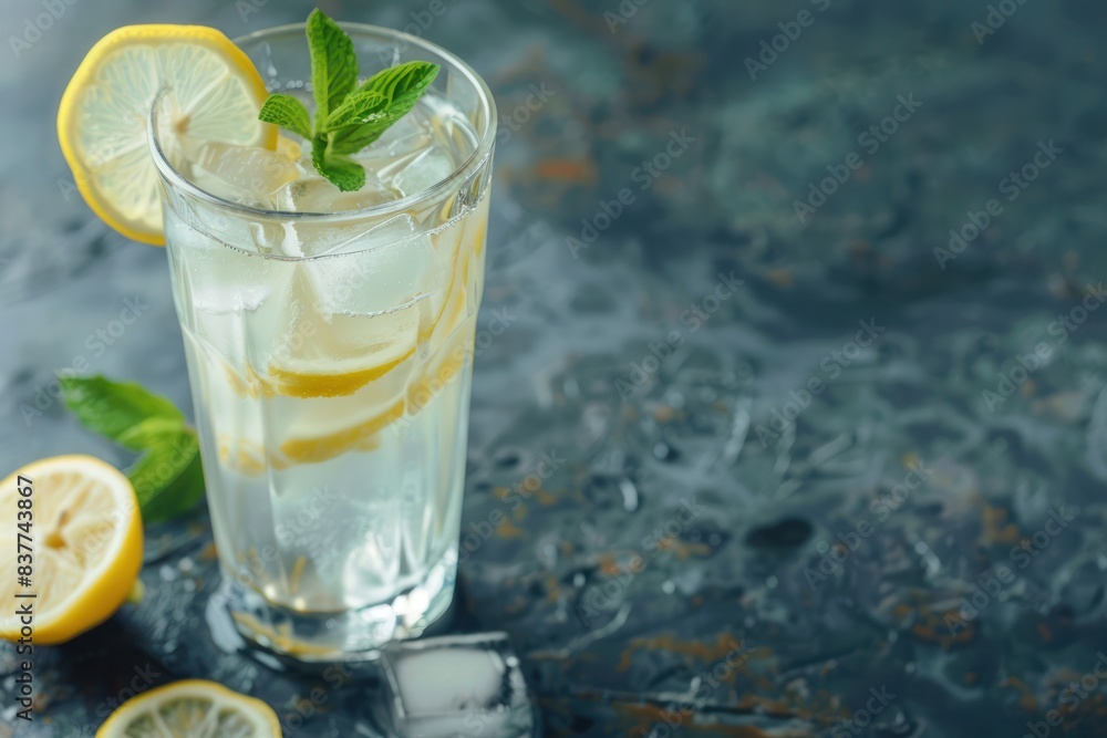 Cocktail Lemonade with lemon and mint in a highball glass on a dark stone background Cocktail Lemonade with lemon and mint in a highball glass on a dark stone background