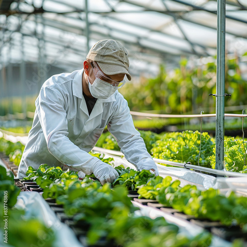 View of a man wearing face mask, cap and glove  working on a Hydrophonic farm. He is surrounded by rows of innovative water-based agricultural systems, and green plants. photo