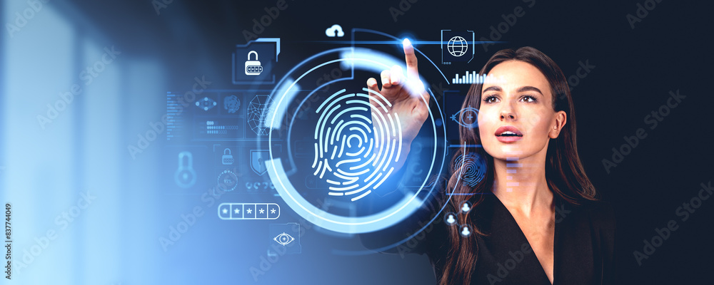 Businesswoman finger touch fingerprint hologram with biometric data icons Businesswoman finger touch fingerprint hologram with biometric data icons