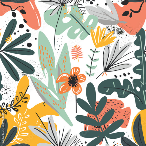 Colorful tropical pattern various handdrawn plants flowers. Abstract botanical background ideal fabric design wallpaper. Vibrant flora illustration lively refreshing feel