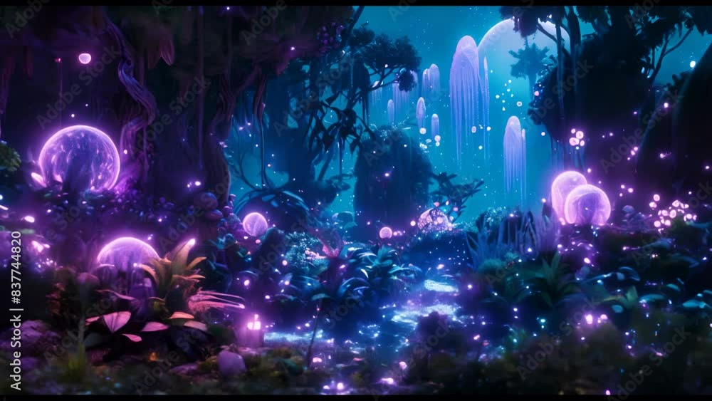 A colorful, fantastical forest with purple and blue glowing plants ...