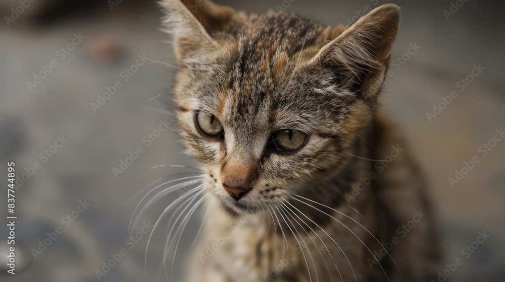 A mournful kitty sits alone, whiskers drooping with sorrow. A mournful kitty sits alone, whiskers drooping with sorrow.