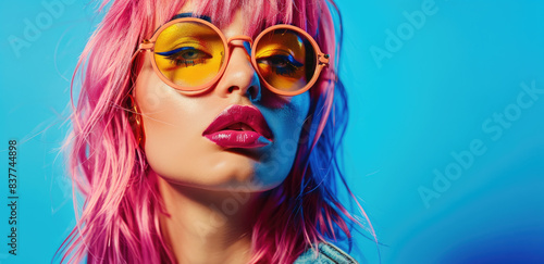 Beautiful fashion model with neon pink hair and colorful makeup posing in the studio, close up portrait