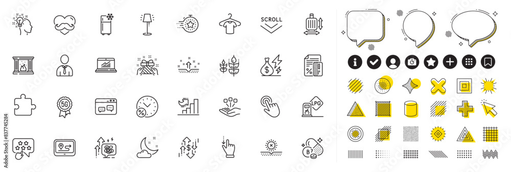 Set of No sun, Online statistics and Scroll down line icons for web app. Design elements, Social media icons. Puzzle, Timer, Gift icons. Consolidation, Refrigerator, Stress grows signs. Vector Set of No sun, Online statistics and Scroll down line icons for web app. Design elements, Social media icons. Puzzle, Timer, Gift icons. Consolidation, Refrigerator, Stress grows signs. Vector