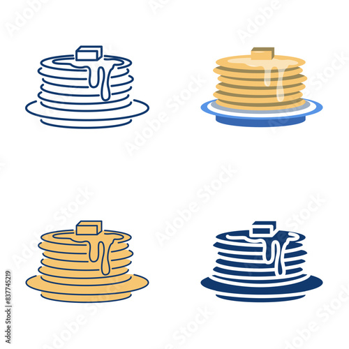 Stack of pancakes icon set in flat and line style. Blini or crepes with melting butter on top. Vector illustration.