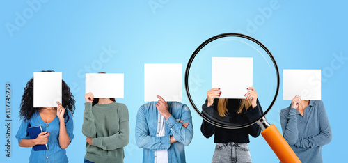 Quadro su tela People hiding faces with blank mock up banner in row, magnifier